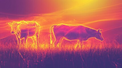 Fototapete - Surreal abstract composition of glowing farm animals in a dreamlike landscape at dusk Generative AI