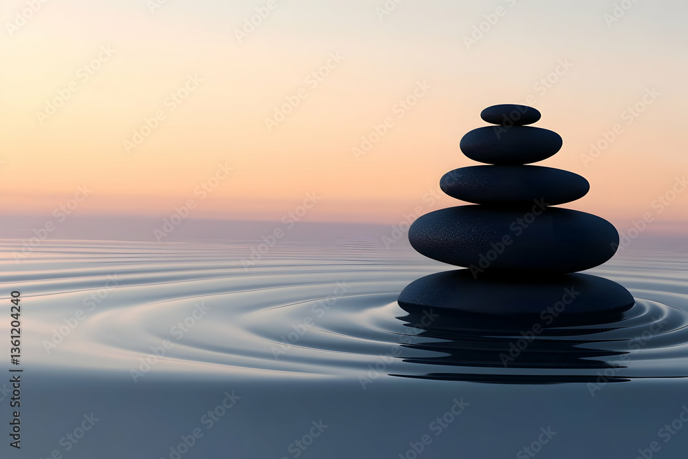 Balanced zen stones rise above still water as ripples expand at pastel dawn, symbolizing harmony, stability, and mindfulness.