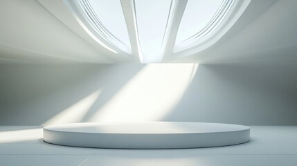 Poster - An empty white podium with soft illumination from a futuristic skylight above, creating a clean, modern atmosphere ideal for product launches or exhibitions