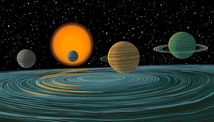 Imaginary planets orbit a swirling liquid surface in space