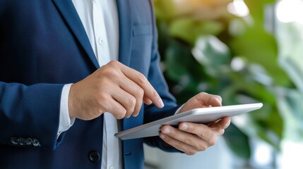 Wall Mural - businessman wearing a suit using a digital tablet to analyze data research information and make stra