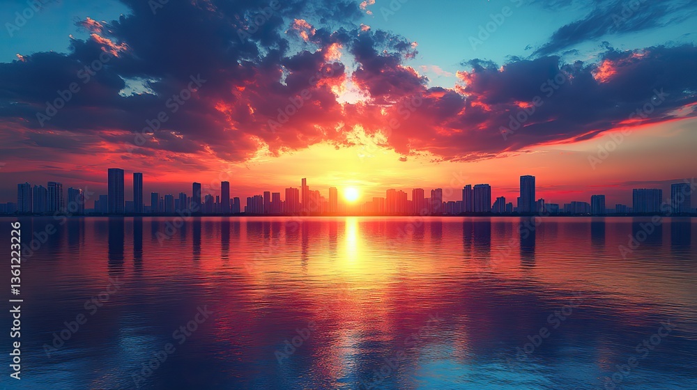 A vibrant sunrise over the city skyline, symbolizing hope and new ...