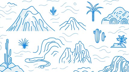 Desert landscape illustration; cacti, mountains, palm trees; wavy background; website design