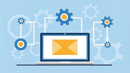 Aufkleber - Digital communication concept with gears and a laptop.