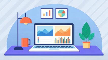 Leinwandbilder - Workspace with a laptop, charts, lamp, and a plant.