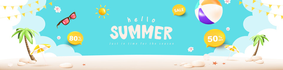 Wall Mural - summer web banner poster with summer beach scene design background