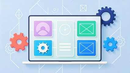 Leinwandbilder - Digital interface with colorful elements and gears on a laptop screen.