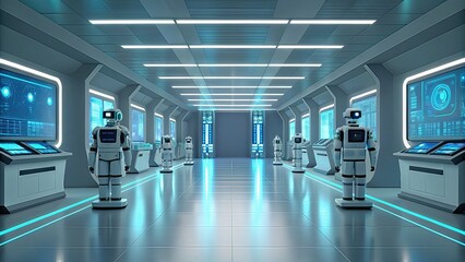 Fototapete - Futuristic corridor with robots and high-tech displays.