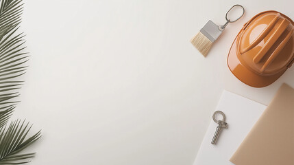 Hard hat with keys and brush on light background with palm leaf