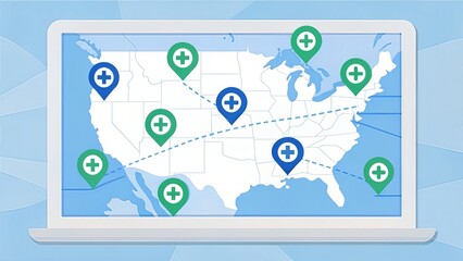 Fototapete - Map illustration with health markers on a laptop screen.