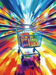 Poster - Grocery cart races down the vibrant supermarket aisle capturing the thrill of shopping Generative AI