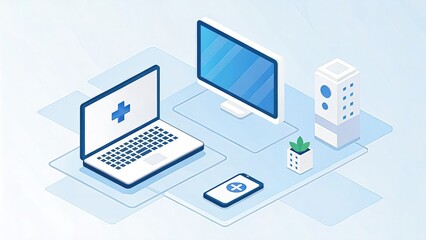 Fototapete - Digital workspace with medical technology and devices.