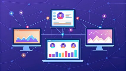 Leinwandbilder - Digital illustration of interconnected computers displaying data analytics.