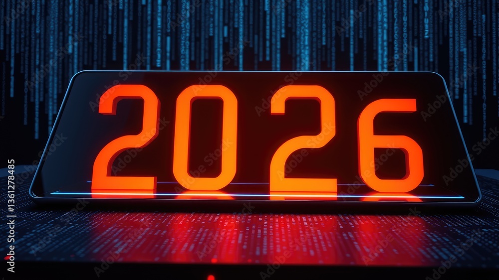 Futuristic Digital Clock Displaying Year 2026 with a Cyberpunk ...