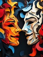 Aufkleber - Masterful paper cut illustration of comedy and tragedy masks with dramatic lighting and vibrant colors Generative AI