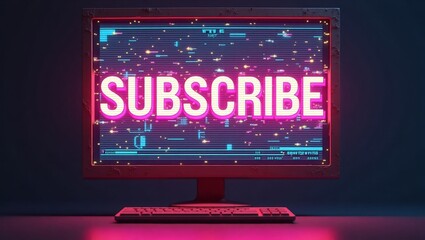 Wall Mural - futuristic neon subscribe button displayed on a retro style computer screen