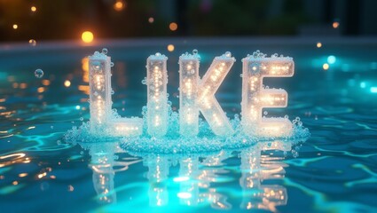 Wall Mural - illuminated 'like' text floating in sparkling water with bokeh effects