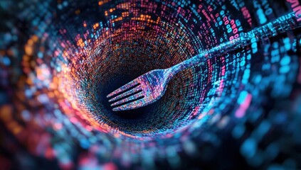 algorithmic gastronomy a digital fork in a tunnel of encrypted data streams representing the intersection of food technology and futuristic dining