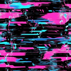 Poster - Retro glitch pattern featuring neon pink and blue distortions in a nostalgic 80s digital aesthetic with VHS scanlines Generative AI