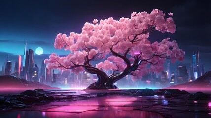 background 3d Abstract Cherry Blossom Tree on Alien Planet