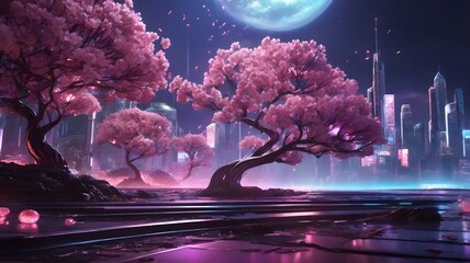 background 3d Abstract Cherry Blossom Tree on Alien Planet