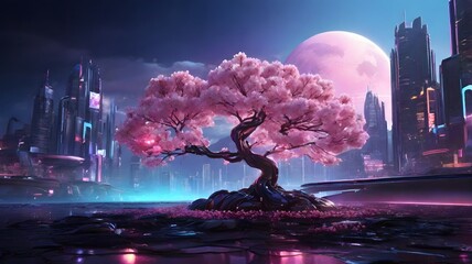 background 3d Abstract Cherry Blossom Tree on Alien Planet