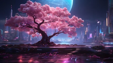 background 3d Abstract Cherry Blossom Tree on Alien Planet
