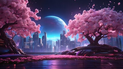 background 3d Abstract Cherry Blossom Tree on Alien Planet