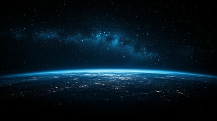 Wall Mural - Earth at night, viewed from space, showing city lights and the Milky Way.