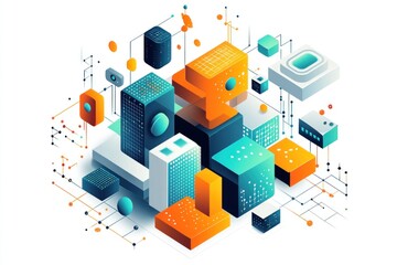 Wall Mural - isometric network architecture depicting interconnected data blocks on a digital landscape