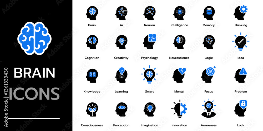 Brain icon set. intelligence, Ai, learning , neuron , creativity , idea ...