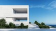 © leymart - Modern white villa with sea view, minimalist architecture, landscaping.