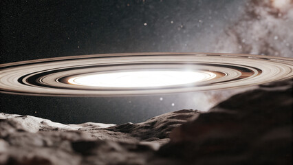Wall Mural - A glowing planetary ring gracefully levitates in deep space, radiating a subtle cosmic glow with faint celestial light refractions, offering a dreamy, futuristic ambiance for design or branding.