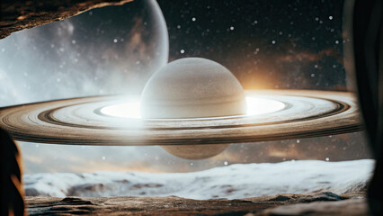 Wall Mural - A glowing planetary ring gracefully levitates in deep space, radiating a subtle cosmic glow with faint celestial light refractions, offering a dreamy, futuristic ambiance for design or branding.