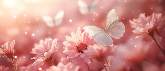 Wall Mural - pink floral scene with white butterflies and dreamy light spots