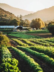 Poster - Vibrant farm landscape showcasing fresh organic produce prepared for delivery in warm sunlight and serene nature setting Generative AI