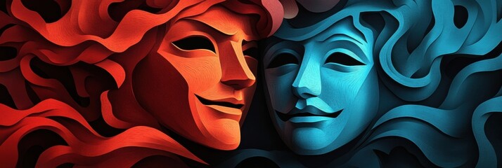 Leinwandbilder - Stunning paper cut illustration of comedy and tragedy theater masks with layered shadows and dramatic lighting Generative AI