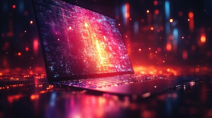 Laptop displaying data stream in cyberspace with glowing background