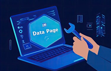 Data page maintenance on a laptop.  Hands are working on a data page