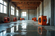 © Viktor - Industrial fans drying wet floor inside commercial building. Orange air movers, water damage restoration, equipment, flood aftermath, empty space, renovation, cleanup operation.