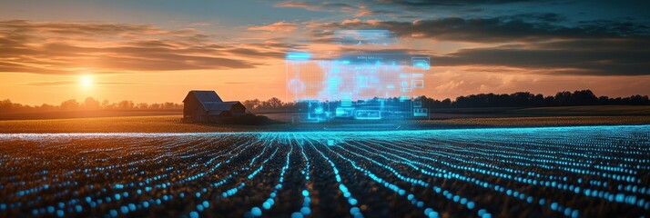 Aufkleber - Holographic crop yield data display blends with rural farmland at sunset Generative AI