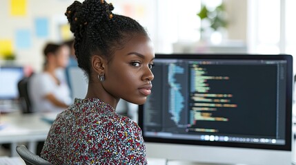 Young woman coding on computer with creative workspace background.