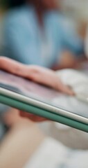 Aufkleber - Business, hands and woman in office, tablet and typing with internet, copywriting and creative. Closeup, employee and journalist in workplace, touchscreen or digital app with research for article
