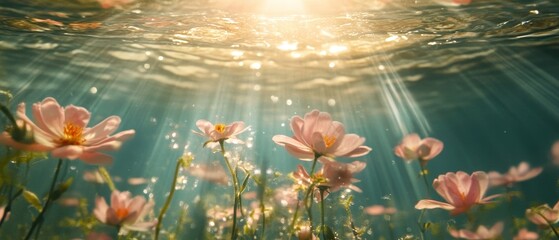 Wall Mural - Water surface with flowers in sunlight