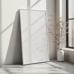Aufkleber - A Minimalist's Corner: Blank Canvas, Dried Blooms, and Gentle Light in a Serene Interior Space.