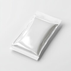 Poster - Blank White Packaging Mockup: Glossy Flowpack Pouch on White Background, Ready for Product Branding & Design Presentations