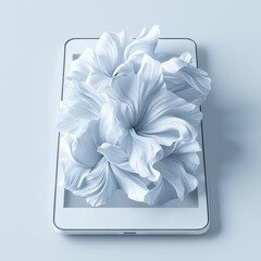 Poster - Digital Bloom: White Floral Design Emerging from Tablet Screen - Modern Artistic Technology Display