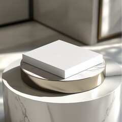 Poster - Elegant Minimalist Presentation: Square White Product on Marble and Gold Pedestal, bathed in Sunlight