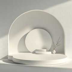 Poster - Minimalist Podium Display: Product Showcase on Round Stages Against Textured Arch Backdrop with Floral Accent 