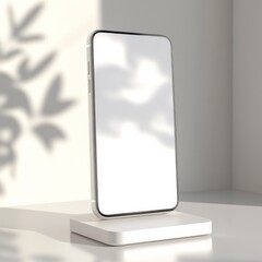 Leinwandbilder - Minimalist Smartphone Mockup with Leaf Shadow on White Podium, Displaying Modern Design Aesthetic